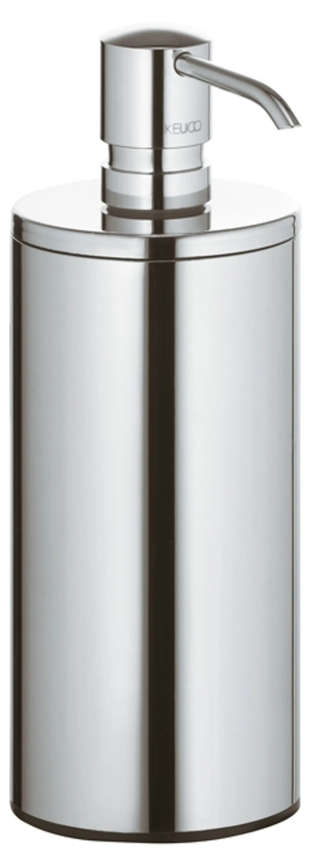 Verchromter Lotionspender von Keuco im Standmodell mit Pumpe und Kunststoffeinsatz. Glatte, reflektierende Oberfläche, zylindrische Form.